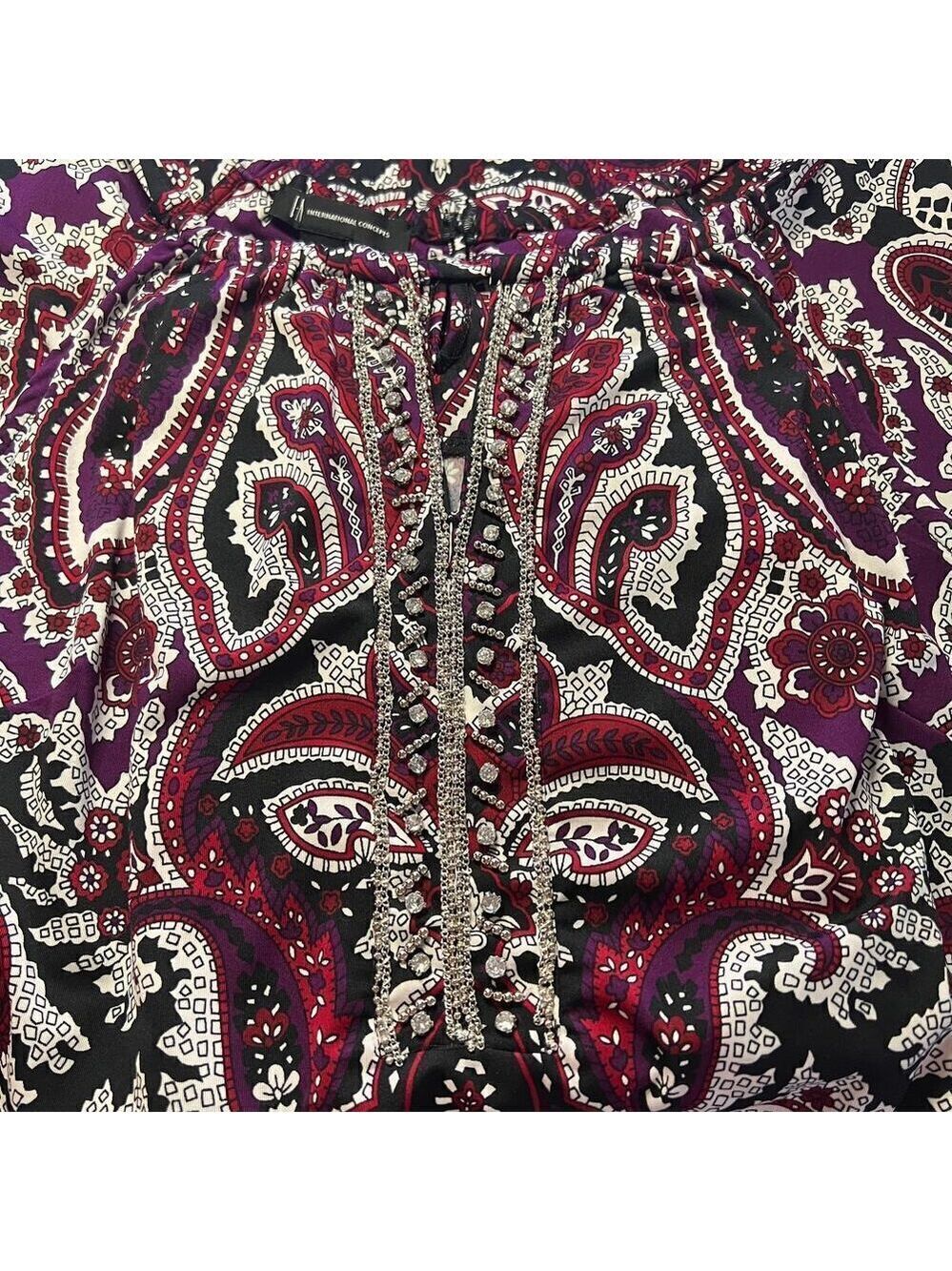 INC Womens Jewel Neck Mini Shift Dress with Bling sz M Black Burgundy Paisley - Picture 4 of 7